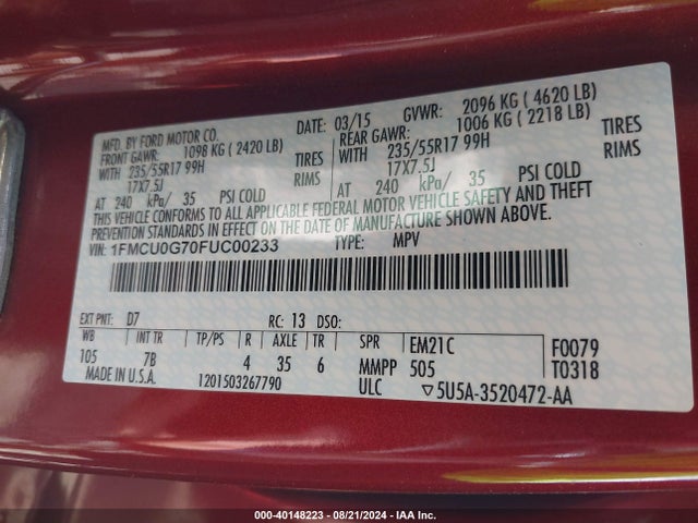 Ford ESCAPE SE 2015 1FMCU0G70FUC00233 Image 9