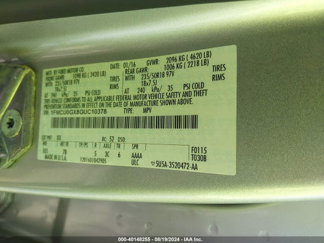 Ford ESCAPE SE 2016 1FMCU0GX8GUC10378 Image 9