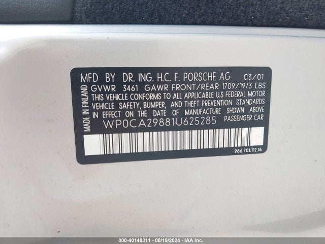 2001 PORSCHE BOXSTER WP0CA29881U625285 Photo 8