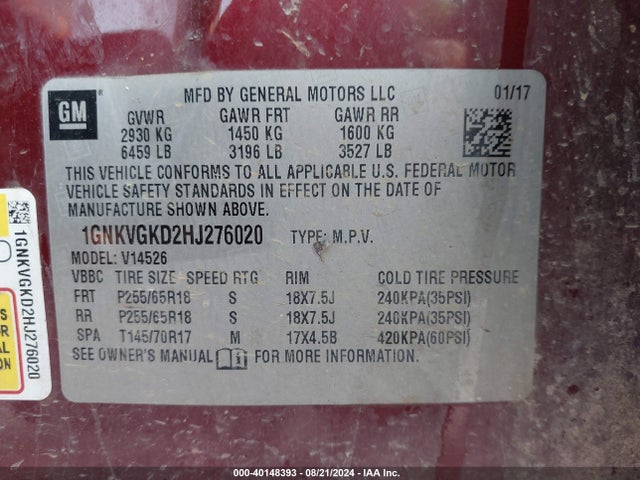 Chevrolet Traverse 1lt 2017 1GNKVGKD2HJ276020 Image 9