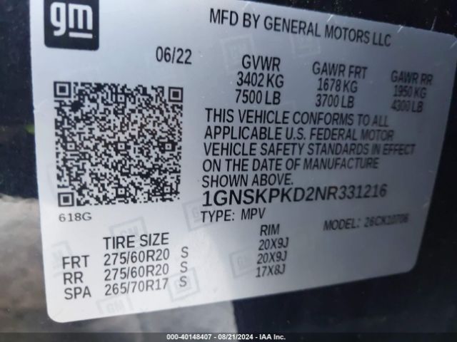 1GNSKPKD2NR331216 Chevrolet Tahoe 4wd Z71