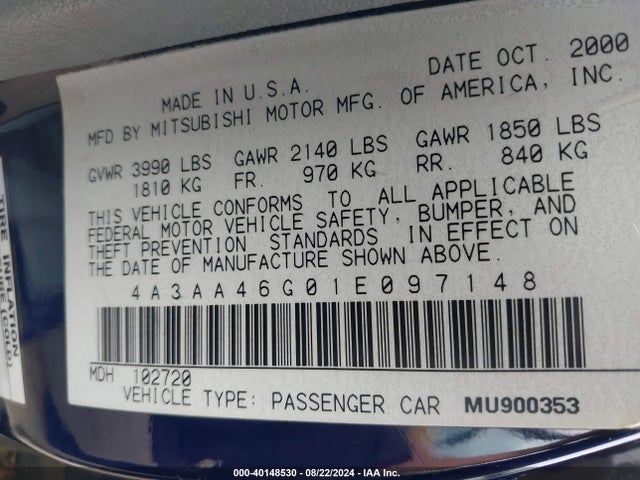2001 MITSUBISHI GALANT 4A3AA46G01E097148 Photo 8
