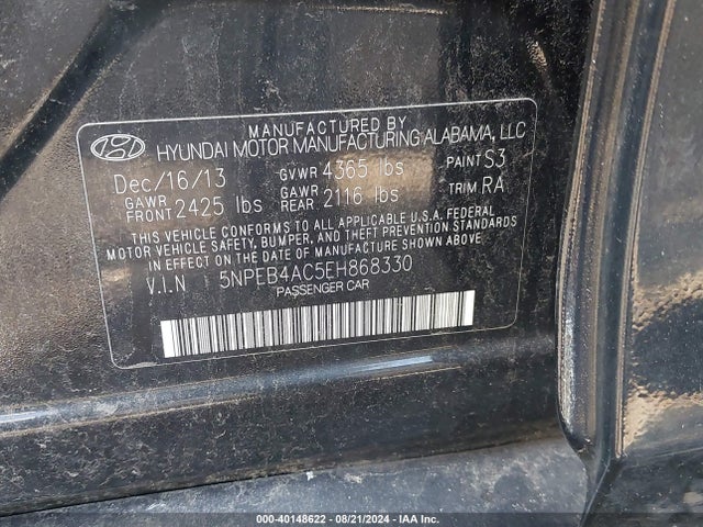 Hyundai SONATA GLS 2014 5NPEB4AC5EH868330 Image 9
