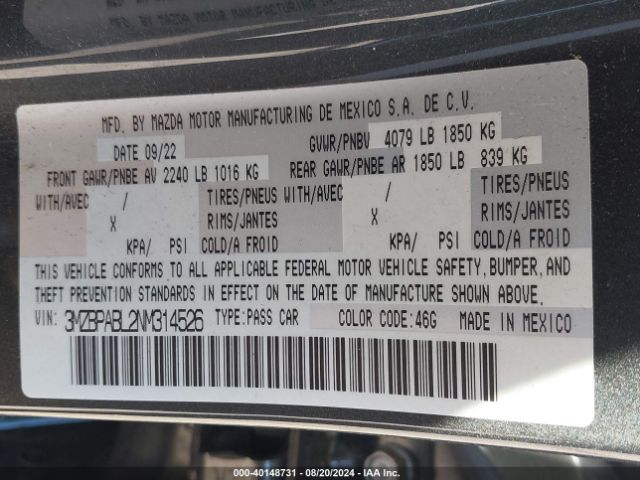 3MZBPABL2NM314526 Mazda Mazda3 Select