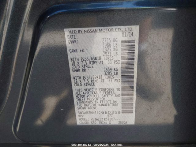 5N1AR2MN4EC660359 Nissan Pathfinder Platinum/s/sl/sv