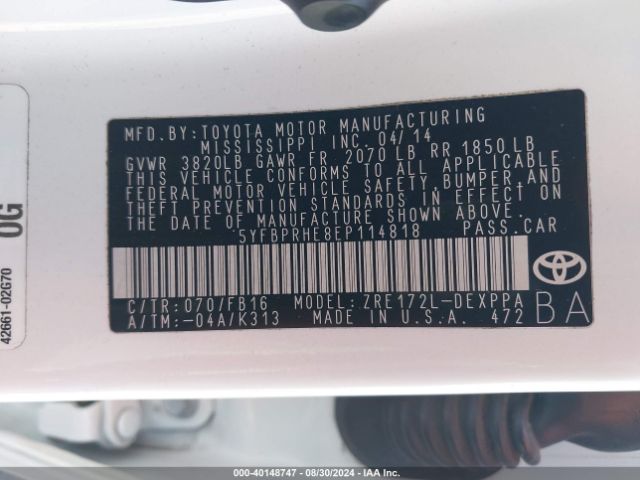 5YFBPRHE8EP114818 Toyota Corolla Le Eco Plus