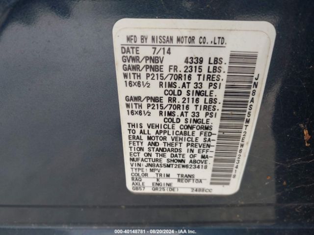 JN8AS5MT2EW623418 Nissan Rogue Select S