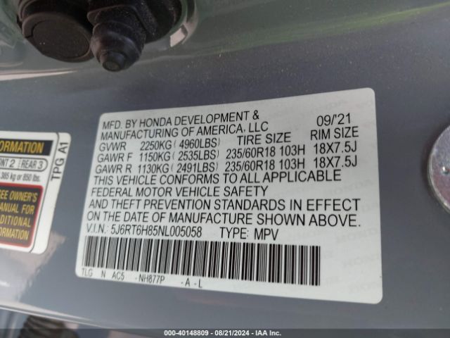 5J6RT6H85NL005058 Honda Cr-v Hybrid Ex-l