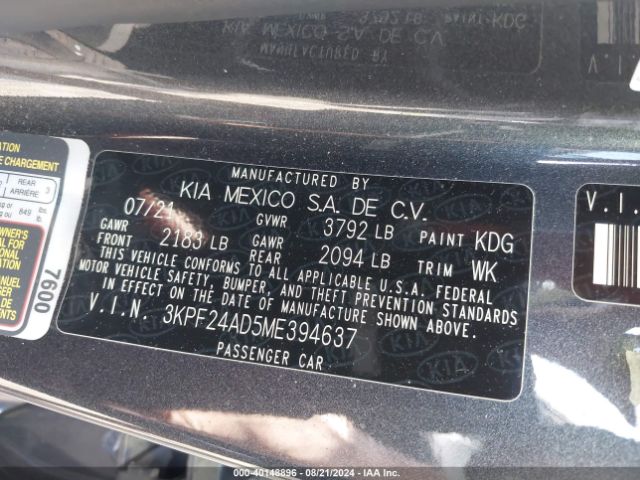 3KPF24AD5ME394637 KIA FORTE FE