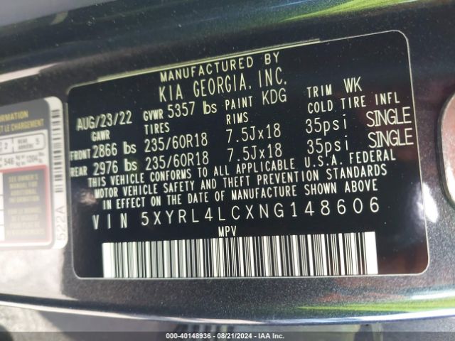 5XYRL4LCXNG148606 KIA SORENTO S