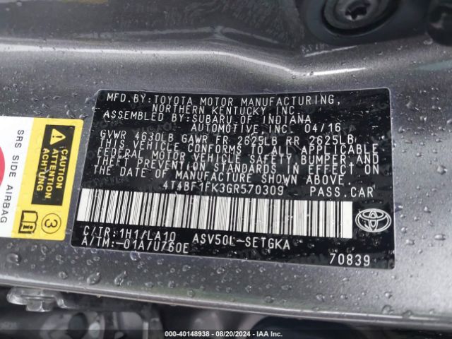 4T4BF1FK3GR570309 Toyota CAMRY XLE