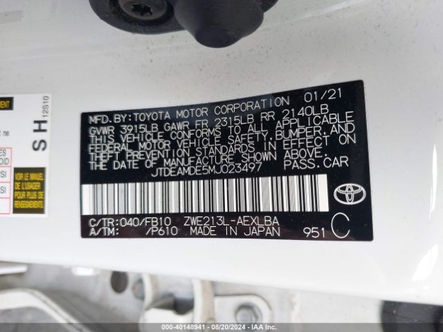 JTDEAMDE5MJ023497 Toyota Corolla Hybrid Le