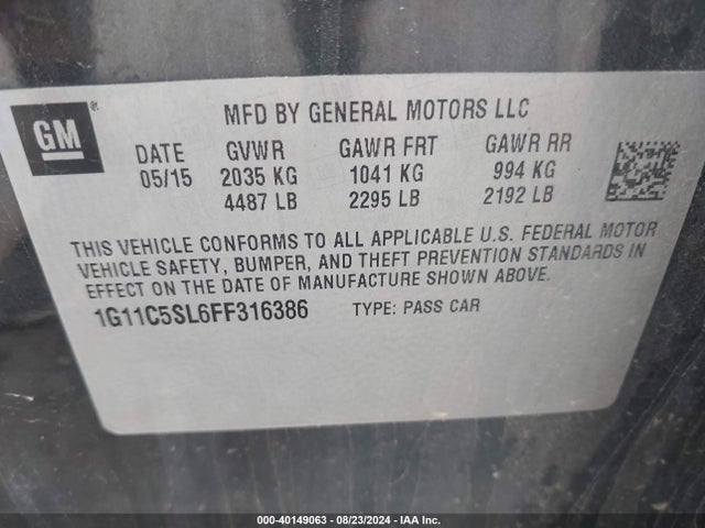 Chevrolet MALIBU 1LT 2015 1G11C5SL6FF316386 Image 9