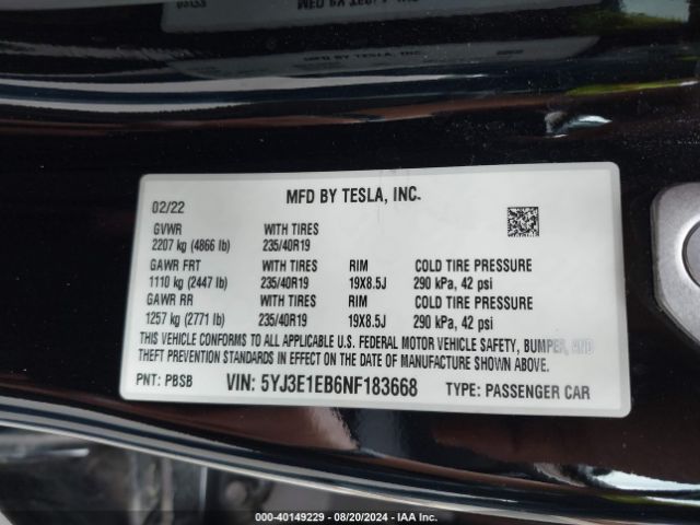 5YJ3E1EB6NF183668 Tesla Model 3 Long Range Dual Motor All-wheel Drive