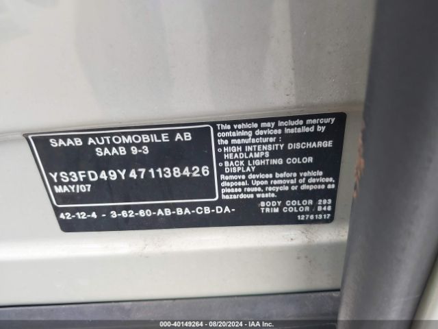 2007 SAAB 9-3 YS3FD49Y471138426 Photo 8