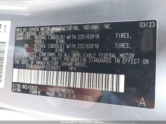 Toyota Highlander Xle 2023 5TDKDRAH9PS026691 Image 9