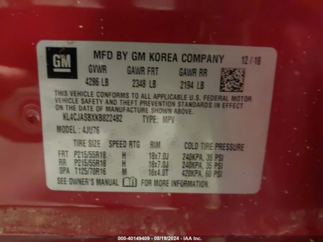 KL4CJASBXKB822482 Buick Encore Fwd Preferred