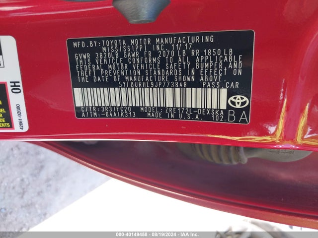 Toyota COROLLA SE 2018 5YFBURHE9JP773848 Image 9