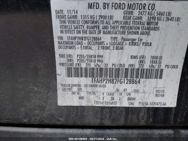 1FAHP2H82FG128864 Ford TAURUS SEL