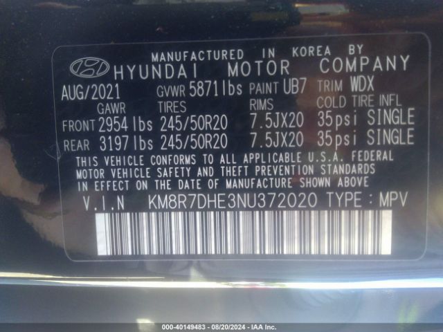KM8R7DHE3NU372020 Hyundai Palisade Calligraphy
