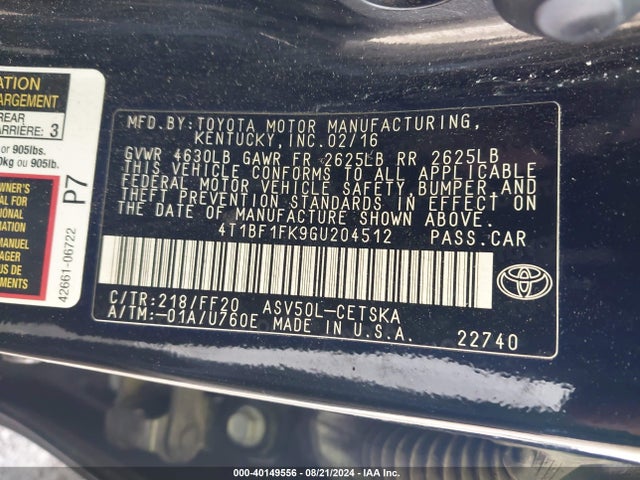 Toyota CAMRY SE 2016 4T1BF1FK9GU204512 Image 9