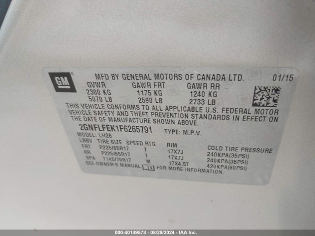 Chevrolet EQUINOX 1LT 2015 2GNFLFEK1F6265791 Image 9