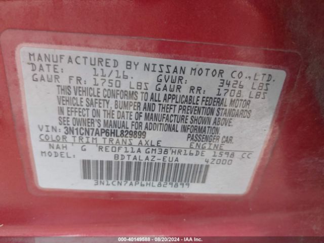 3N1CN7AP6HL829899 Nissan Versa 1.6 S+