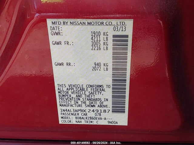 2013 Nissan Altima 2.5 S მანქანა იყიდება აუქციონზე, vin: 1N4AL3AP9DC249187, აუქციონის ნომერი: 40149592