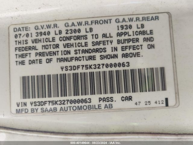 2002 SAAB 9-3 YS3DF75K327000063 Photo 8