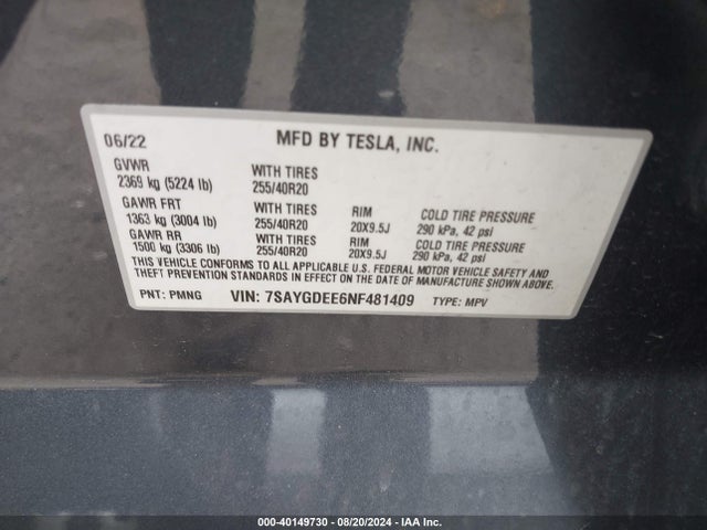 2022 TESLA MODEL Y 7SAYGDEE6NF481409 Photo 8