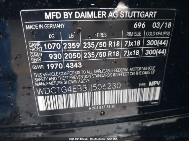 WDCTG4EB3JJ506230 Mercedes-Benz GLA 250