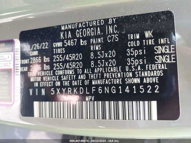5XYRKDLF6NG141522 KIA SORENTO SX
