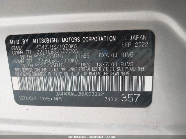 2022 MITSUBISHI OUTLANDER SPORT JA4ARUAU3NU023382 Photo 8
