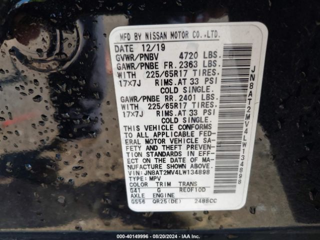 JN8AT2MV4LW134898 Nissan Rogue Sv Intelligent Awd