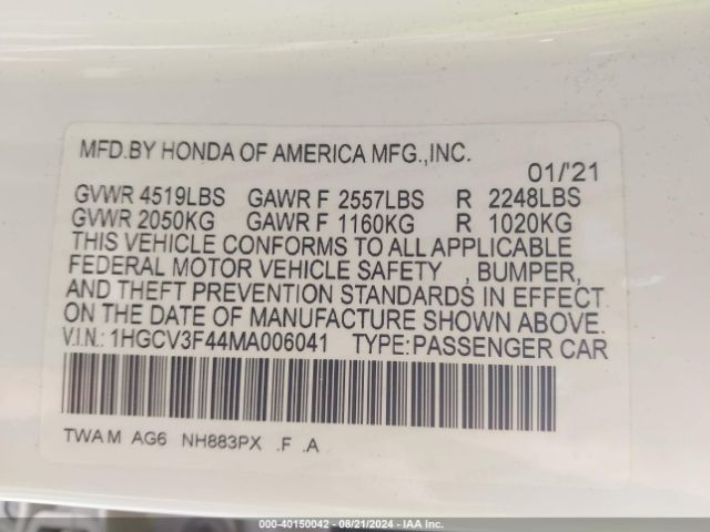 1HGCV3F44MA006041 Honda Accord Hybrid Ex