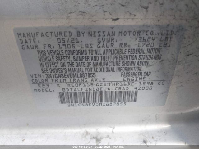 3N1CN8EV0ML887855 Nissan Versa Sv Xtronic Cvt