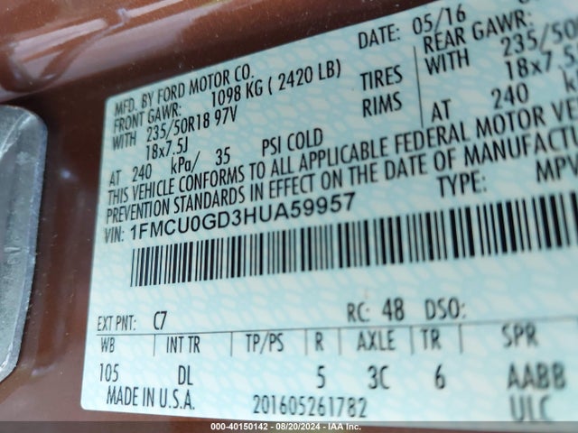 Ford ESCAPE SE 2017 1FMCU0GD3HUA59957 Image 9