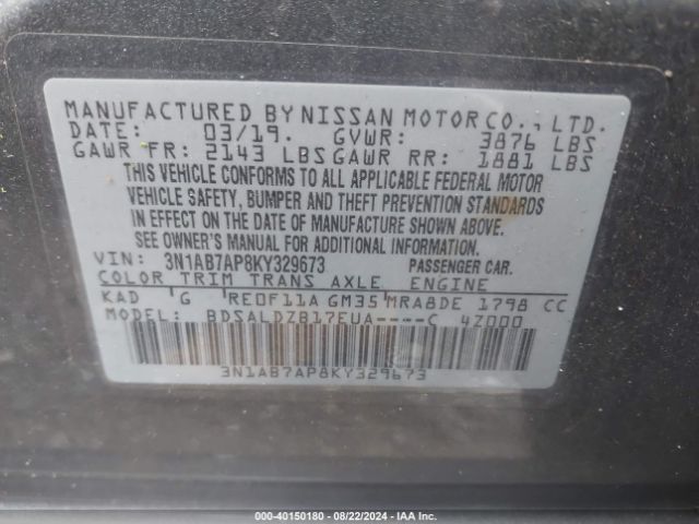 3N1AB7AP8KY329673 Nissan SENTRA SV