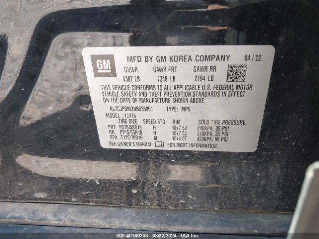KL7CJPSM3NB535951 Chevrolet Trax Awd Lt