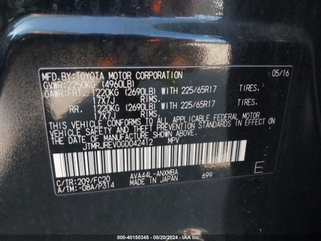 JTMRJREV0GD042412 Toyota Rav4 Hybrid Xle