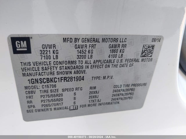 Chevrolet Tahoe Lt 2015 1GNSCBKC1FR281904 Image 9