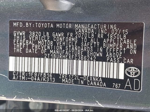 2T1BURHEXFC366242 Toyota COROLLA LE