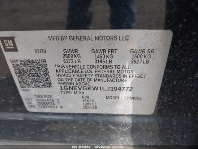 1GNEVGKW1LJ194772 Chevrolet Traverse Awd Lt Cloth