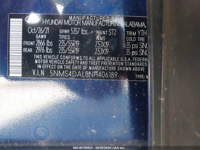 5NMS4DAL8NH406189 Hyundai Santa Fe Limited