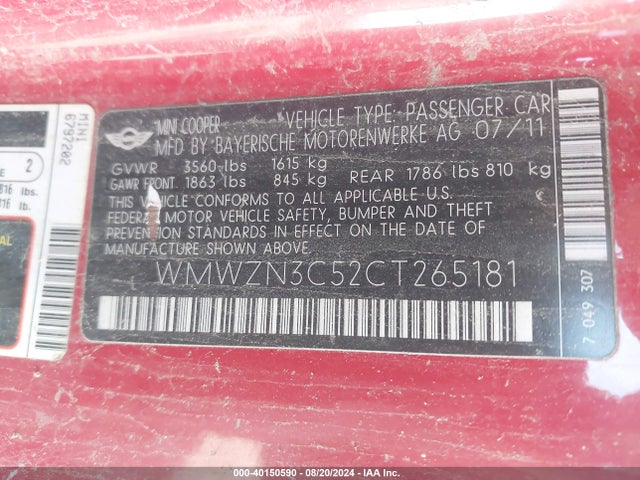 2012 MINI COOPER WMWZN3C52CT265181 Photo 8
