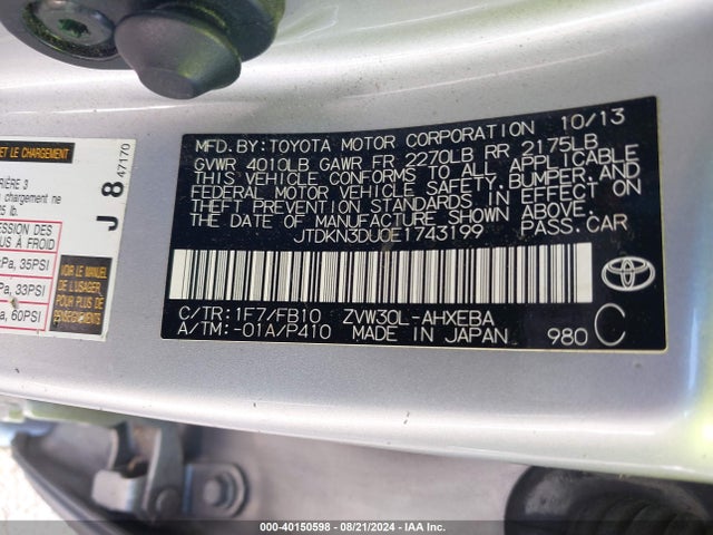 Toyota Prius Two 2014 JTDKN3DU0E1743199 Image 9
