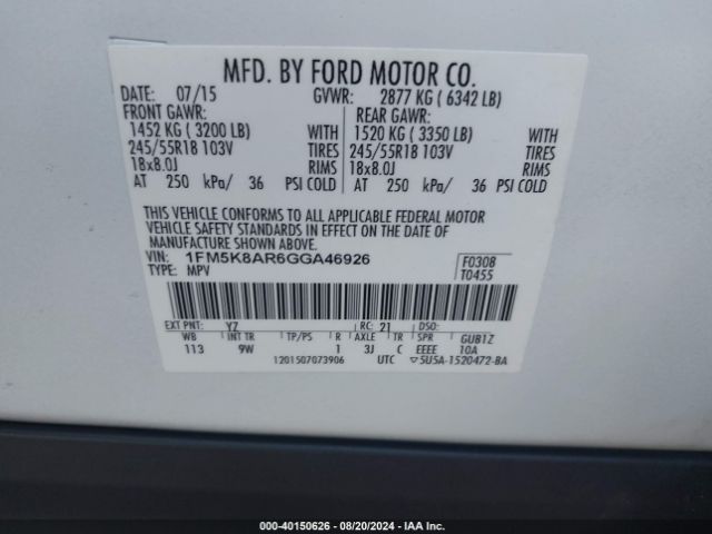 1FM5K8AR6GGA46926 Ford Utility Police Interceptor