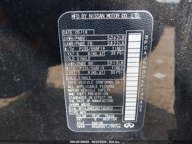 3PCAJ5M32KF140803 Infiniti Qx50 Luxe