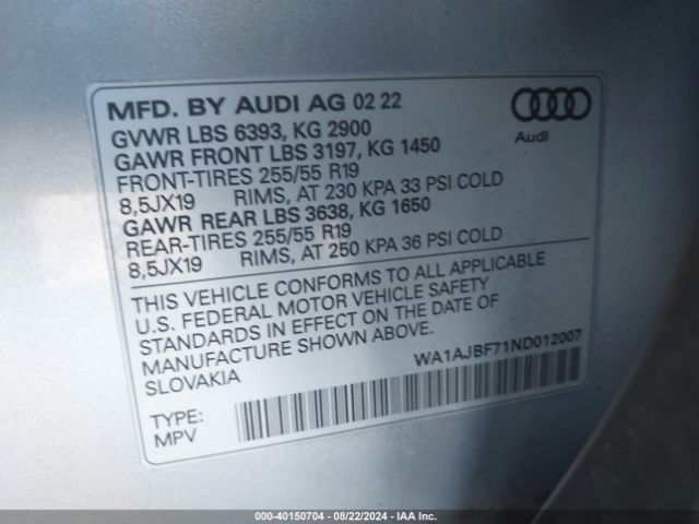 WA1AJBF71ND012007 Audi Q7 Premium 45 Tfsi Quattro Tiptronic