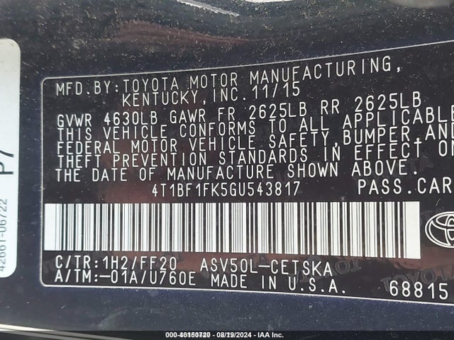 Toyota CAMRY SE 2016 4T1BF1FK5GU543817 Image 9